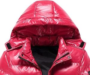Red Coated Canvas Glossy Puffer Jacket Windproof Breathable <b>Winter</b> Hooded with Patchwork Nylon Hoodie Zipper Up Bubble Jackets - Product Image 4