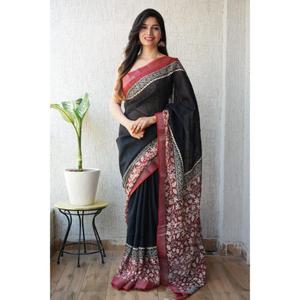 Sari de lino con estampado artístico de lujo y blusa de lino a juego para un estilo único, de proveedor indio para exportación a granel. - Product Image 2