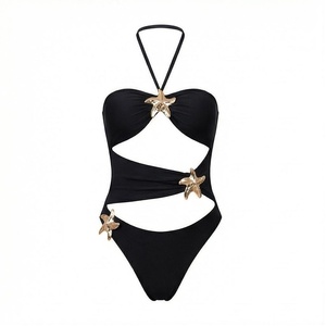 Women's Black One-Piece Swimsuit With Gold Starfish Cut-Out Design <b>Crossed</b> Halter Neckline High Waist Bandeau Style - Product Image 1
