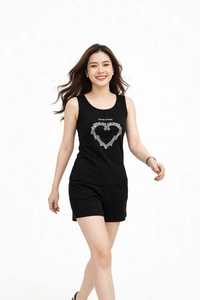 <b>Women's</b> <b>Black</b> Sequined Heart <b>Tank</b> <b>Top</b> Scoop Neck Sleeveless Casual Summer <b>Tops</b> - Product Image 1