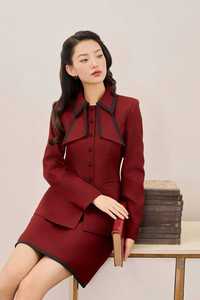 Two-Piece <b>Set</b> Breathable Vietnam ROSE ROUGH Solid Full Women Twill <b>Blazer</b> and Skirt - Feminine Office Style Double Layer Collar - Product Image 2