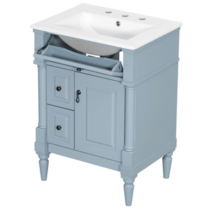 Mobile Bagno Freestanding da 24 Pollici con Lavabo, Grigio Blu, in Legno Massello di Gomma, con Cassetto a Ribalta e Ripiano Regolabile, Struttura in Legno Massello - Product Image 3