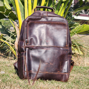 Dark Brown <b>Mens</b> Leather Backpack Front Storage Pocket Arcuate Shoulder Strap Water Resistant Travel Bag For Outdoor Trips - Product Image 4