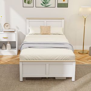 Cadre de lit double moderne avec tête de lit, lit plateforme en bois blanc, montage facile, aucun sommier tapissier nécessaire, lattes en bois incluses - Product Image 2