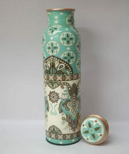 Bouteille d'eau en cuivre à motif floral abstrait bleu, design à motif symétrique, bouchon anti-fuite, bouteille réutilisable pour usage quotidien - Product Image 3