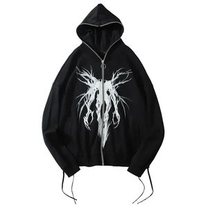 Sweat-shirt à capuche surdimensionné avec imprimé graphique gothique, style techwear, fermeture éclair intégrale, pour homme, streetwear Y2K, darkwear, Harajuku, punk, noir - Product Image 6