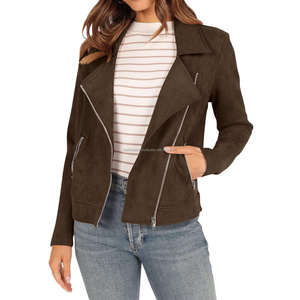 Veste de style motard pour femmes en daim marron vintage moderne Fermeture à glissière asymétrique Col à revers Manches longues Recadrée Respirante Viscose - Product Image 5