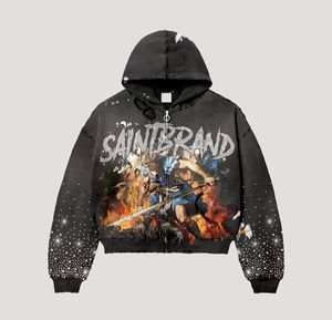 Sudadera con capucha con cremallera de forro polar grueso, estilo vintage lavado, con estampado gráfico Saintbrand, pedrería, Y2K, oversize, venta al por mayor del fabricante - Product Image 3