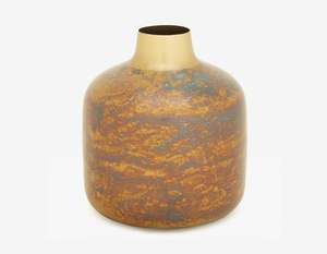 Jarrón de Metal con Pátina de Lujo de la Serie Wabi-Sabi, Jarrón de Flores Dorado y Azul Hecho a Mano con Acabado Desgastado para Decoración Moderna de Escritorio de Oficina, Jarrones de Hierro - Product Image 1