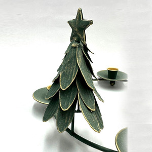 Distressed <b>Green</b> Metal Christmas Tree <b>Candle</b> Holder Ring Featuring Four Star-Topped Trees And <b>Candle</b> Cups For Holiday Decoration - Product Image 3