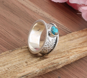 Vintage Blue Patina Sterling <b>Silver</b> Turquoise Bezel Setting <b>Ring</b> Handmade Distressed Wide Band <b>Men</b> Women Jewelry Antique <b>Wedding</b> - Product Image 6