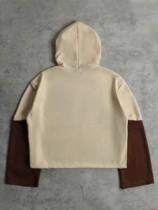 Sudadera con capucha corta de dos tonos con logo personalizado para hombre, estilo vintage, streetwear, con paneles, de forro polar, corte holgado, venta al por mayor - Product Image 4