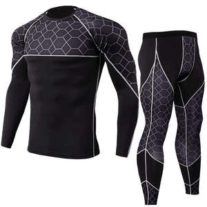 Ensemble de vêtements de sport pour homme, noir et bleu, à motifs géométriques, compression, manches longues, col respirant, évacuation de l'humidité, séchage rapide, pantalon long - Product Image 4
