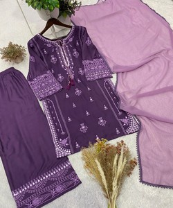 Purple Embroidered Cotton Salwar Kameez Dupatta Women Traditional Casual Wear 84870 BHANDERI- BE-465 - Product Image 3