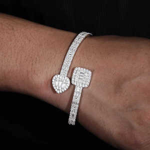 Luxury <b>Solid</b> <b>Gold</b> Lab Grown Diamond Baguette Heart Square Bypass <b>Bangle</b> Asymmetric Open Cuff Bracelet Fine Jewelry Women's IGI - Product Image 1