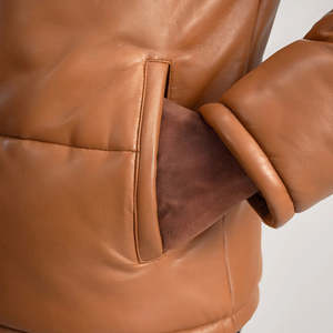 Veste matelassée à capuche en cuir PU marron pour homme RELEVO, épaisse, décontractée, fermeture éclair, col montant, couleur unie - Product Image 4