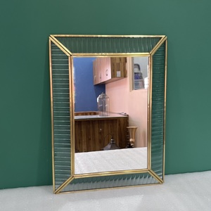 Modern Brass Framed <b>Hanging</b> Wall <b>Mirror</b> With Ribbed Glass Border Decorative Home Accent - Product Image 1