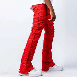 Jeans en denim déchiré rouge patchwork pour hommes OEM ODM - Design élégant déchiré, coupe slim, streetwear, pantalon décontracté - Product Image 4