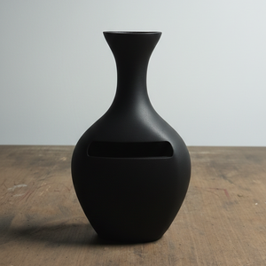 Modern Matte <b>Black</b> Metal <b>Flower</b> <b>Vase</b> Featuring A Slender Flared Neck Bulbous Body And Horizontal Cutout Accent For Decoration - Product Image 1