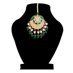 Chaîne florale Kundan indienne pour femme, Maang Tikka plaqué or avec pierres d'émeraude, vente en gros, style bohème - Product Image 3