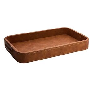 Plateau décoratif rectangulaire en cuir minimaliste avec poignée, style rustique, finition beige antique, pour la maison ou le bureau. - Product Image 2