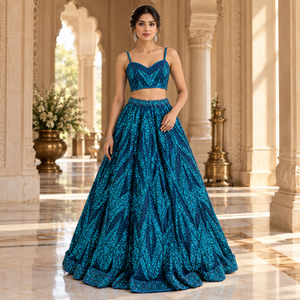 Peacock Blue Embroidered Lehenga Choli with Sweetheart Neckline | Two Piece Indian Party Set with <b>Sequins</b> and Full Flared Skirt - Product Image 3