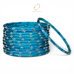 High Demand Sky Blue Raindrop Kashmiri Glass <b>Bangles</b> Set Pearl Work Gold Plated Women Fashion Indian Wedding Jewelry Wholesale - Product Image 2