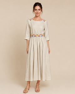 Robe longue en coton tissé brodée de fleurs, style bohème, douce, naturelle, décontractée, silhouette en A pour femme - Product Image 1