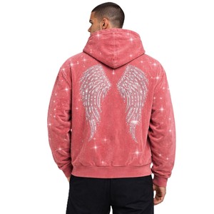 เสื้อฮู้ดซิปประดับเพชรเทียมแบบกำหนดเอง ผ้าฟลีซหนานุ่ม ทรงโอเวอร์ไซส์ สไตล์ Y2K สตรีทแวร์วิบวับ เสื้อฮู้ดผู้ชาย ขายส่ง - Product Image 3