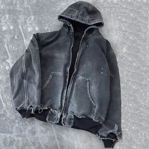 Custom Streetwear 100% Cotton 500 Gsm Heavyweight Winter Windproof Eco-Friendly Acid Washed Crop Oversized Distressed Zip Hoodie - Product Image 5