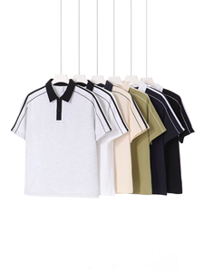 เสื้อโปโลสีครีมสำหรับผู้ชาย คอปกสีกรมท่า ลายทาง แขนสั้น ผ้าทอออกซ์ฟอร์ดแบบลำลอง ระบายอากาศได้ดี - Product Image 4