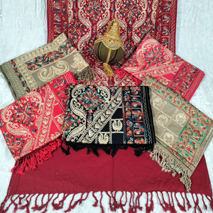 Vibrant <b>Red</b> <b>Pashmina</b> Shawl by Indian Supplier Printed Floral and Leaf Design With Stunning Border Cashmere Scarf for Muslims - Product Image 3