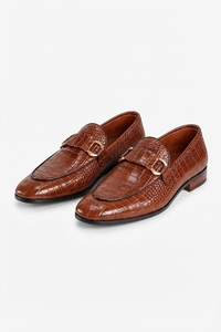 <b>Men</b>’s Brown Crocodile Pattern Loafers with Gold Horsebit Buckle Detail - Product Image 3