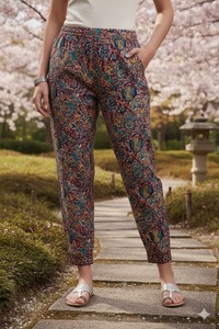Pantalones informales de algodón puro con estampado floral para mujer, cintura elástica, pantalones informales de algodón sostenible para verano, ropa transpirable - Product Image 4