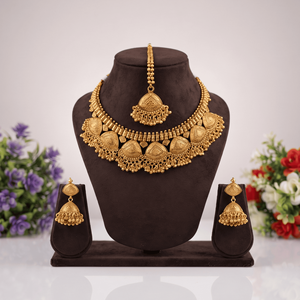 Traditional Trendy Brass Gold Plated Rope <b>Chain</b> Temple Choker Necklace Set Matching Jhumka Earrings Maangtikka Handcrafted - Product Image 1
