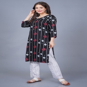 <b>Women</b> Black Printed Rayon Kurti Set with Pants, V-Neck 3/4 Sleeve Ethnic Wear Casual Daily Wear <b>Kurta</b> Set for <b>Women</b> - Product Image 6