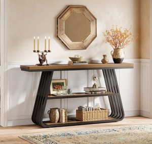 Table console en bois moderne avec structure en métal, design industriel, rangement, meubles de salon - Product Image 3