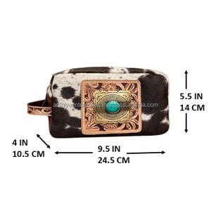 Neceser de viaje de cuero mecanizado a mano, bolsa de cosméticos de piedra turquesa de gran capacidad, bolsa de maquillaje de almacenamiento portátil de piel de vaca, novedad de 2025 - Product Image 2