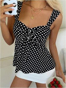 Camiseta sin mangas de punto con lunares para mujer, cuello cuadrado, fruncida, informal - Product Image 2