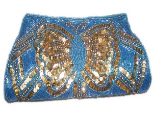 Pochette Lowellcraft en satin bleu perlé avec motif papillon doré, sac à main scintillant pour soirée - Product Image 3