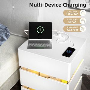 White <b>3</b>-Drawer Side Cabinet Bedside Table Nightstand RGB LED with <b>Charging</b> Station and USB Ports Dressers Product Category - Product Image 5