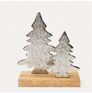 Handcrafted Silver Aluminum Metal Christmas <b>Tree</b> Sculpture On Natural Mango Wood Base For <b>Tabletop</b> Holiday Home & Office Decor - Product Image 3
