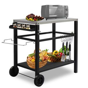 Carrello Multifunzionale in Acciaio Inox con Griglia Piana, Tavolo da Lavoro Mobile per BBQ, Due Ruote, Ganci e Accessori per Preparazione Cibo - Product Image 3