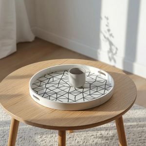 Modern Round Bone Inlay <b>Tray</b>, <b>Black</b> & White Geometric Pattern Serving <b>Tray</b>, Home Decor Decorative Coffee Table - Product Image 6