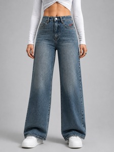 Loose Fit Denim Pants <b>Elastic</b> <b>Waist</b> Wide Leg Casual Blue <b>Jeans</b> Comfortable Soft Fashion Women Trousers for Travel and Everyday - Product Image 1