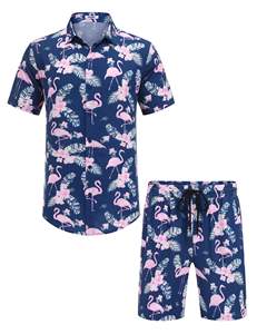 Camisa de manga corta con botones y solapa para hombre, azul marino, rosa, con estampado de hojas tropicales y flamencos, conjunto de 2 piezas con pantalones cortos a juego, estilo hawaiano informal - Product Image 4