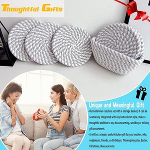 ชุดจานรองแก้วผ้าทรงกลมสไตล์นอร์ดิก แผ่นรองโต๊ะกันลื่น ลายสีเทาขาว ของตกแต่งบ้าน - Product Image 4