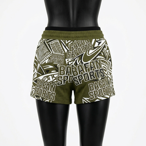 Shorts de mujer de lujo, 290 GSM, algodón y poliéster, color oliva, estampado abstracto, tela transpirable, logotipo personalizado por sublimación. - Product Image 5