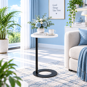 NGUYEN DECOR Modern Minimalist Round <b>Side</b> <b>Table</b> Maple Top <b>Black</b> Metal Base Eco-Friendly Living Room Set Bedroom Furniture - Product Image 2