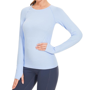 Haut de yoga pour femme de qualité supérieure, bleu clair, manches longues, col rond, couleur unie, respirant, vêtement de sport, coupe régulière, longueur complète - Product Image 5